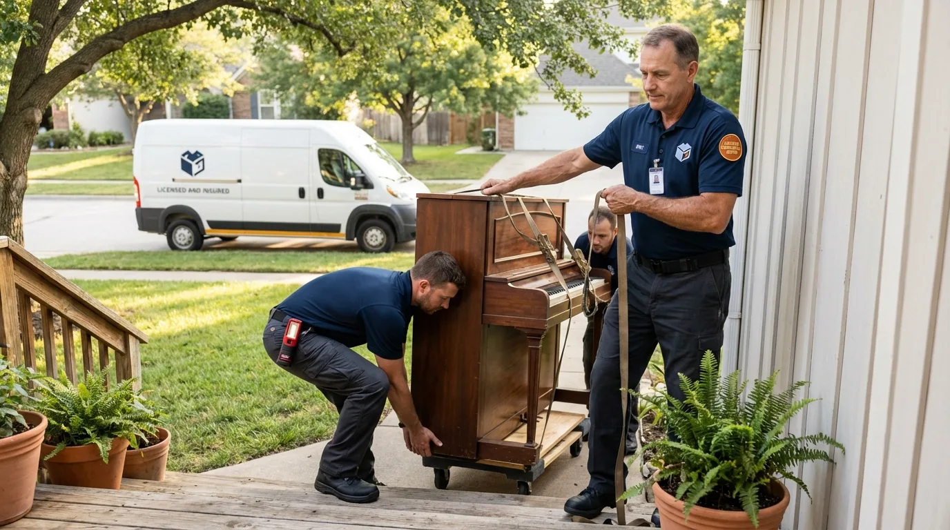 Licensed piano movers securing grand piano in Cumberland, RI