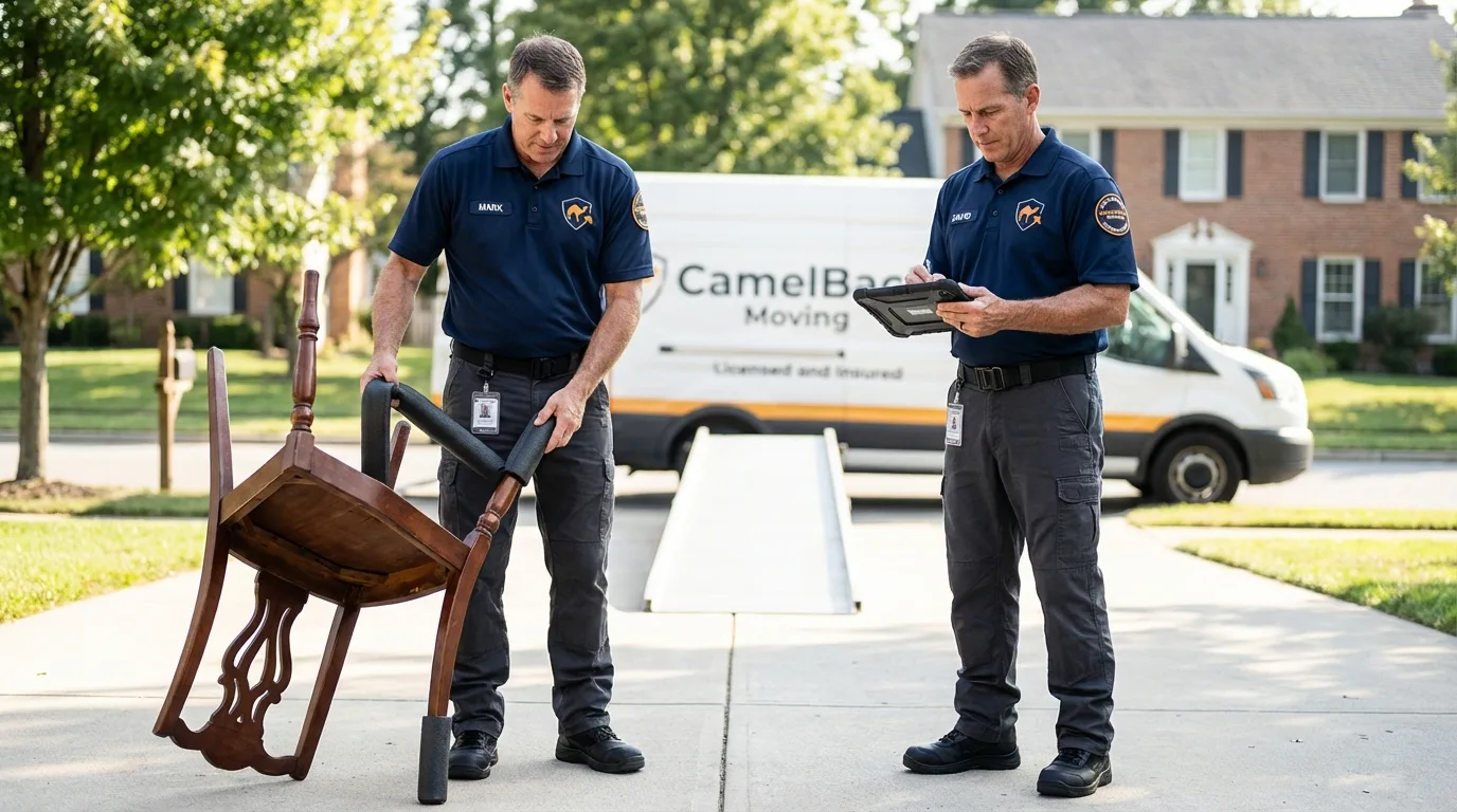 Movers inspecting furniture for damage prevention before loading in Cumberland, RI