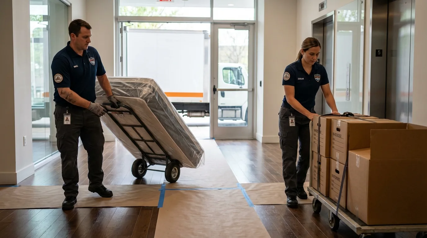 Professional apartment movers loading elevator in Cumberland, RI
